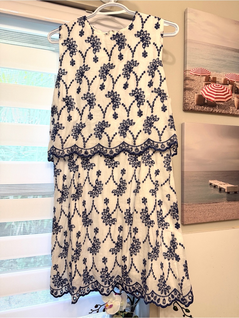 Aqua cotton linen white Dress with Navy Floral Embroidery